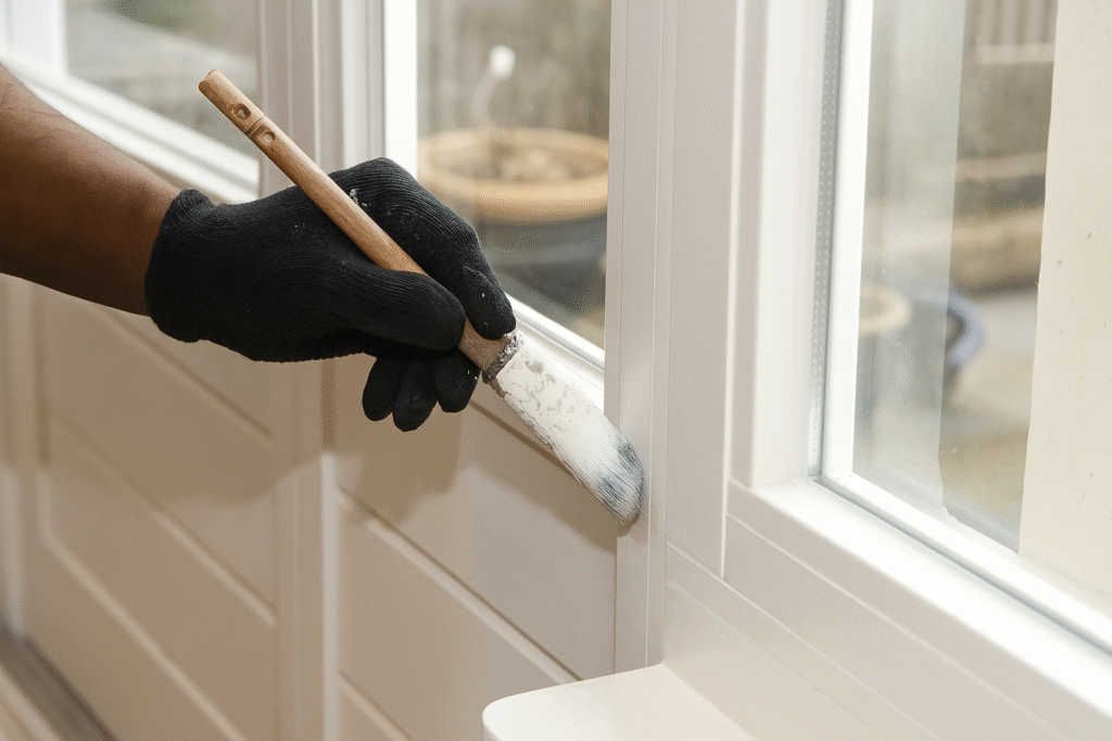 PNA Schilders – Binnenschilderwerk in Winschoten, Veendam en omgeving Schilder van PNA Schilders verft houten kozijnen tijdens binnenschilderwerk in een woning in Winschoten