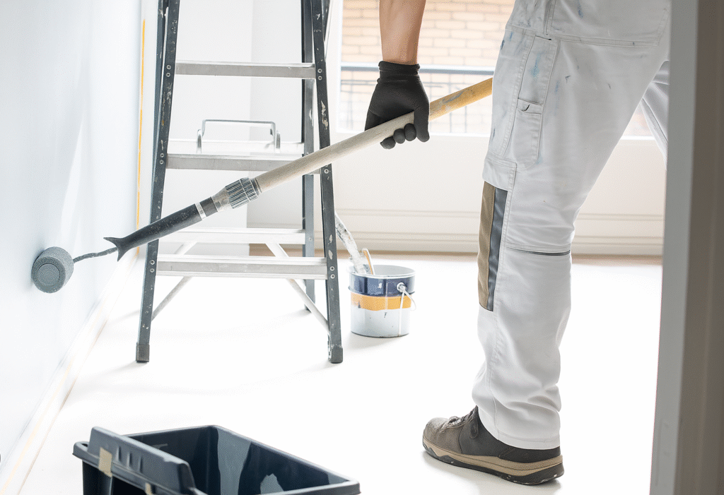 PNA Schilders – Binnenschilderwerk woonkamer Winschoten Schilder van PNA Schilders aan het werk met binnenschilderwerk in een woonkamer in Winschoten