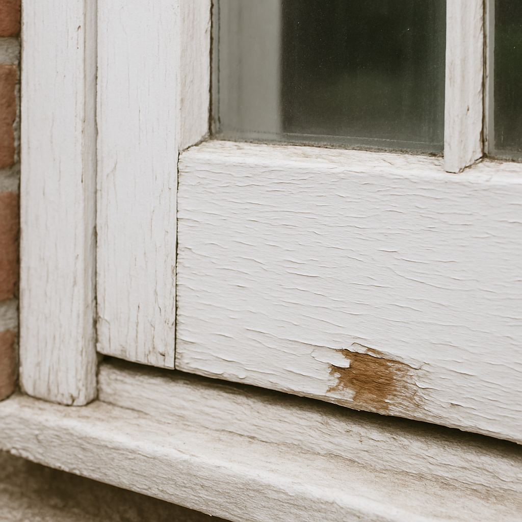 PNA Schilders – Houtrot aan kozijn vóór reparatie in Winschoten Houtrot in houten kozijn vóór reparatie door PNA Schilders in Winschoten