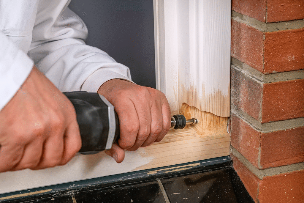 PNA Schilders – Houtrotreparatie kozijnen in Winschoten en omgeving Schilder van PNA Schilders herstelt houtrot in een kozijn bij een woning in Winschoten