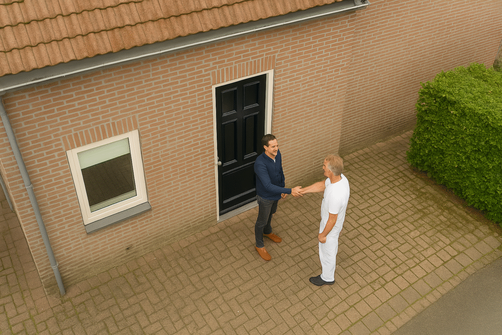 PNA Schilders – Klantcontact en afspraken in Winschoten en omgeving Schilder van PNA Schilders begroet klant bij woning in Winschoten voor buitenschilderwerk