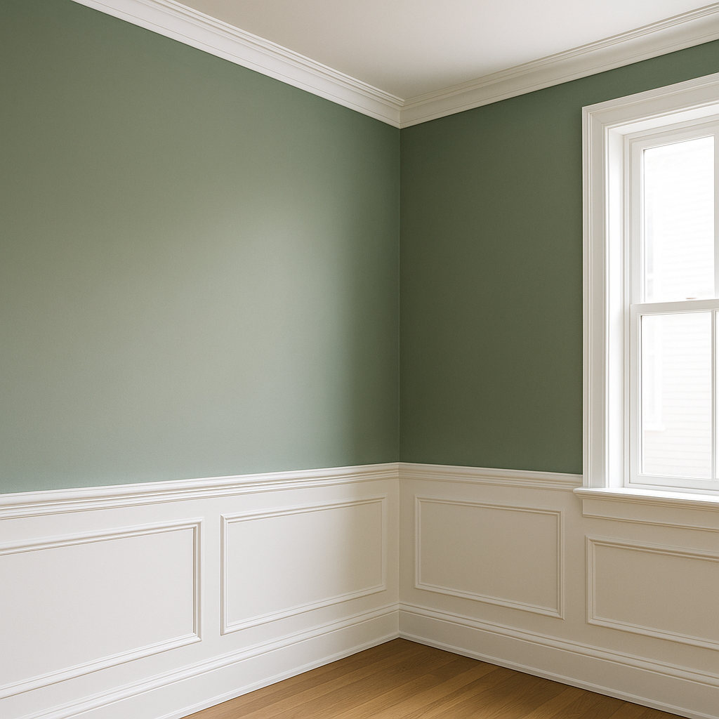 Strak binnenschilderwerk in woonkamer met witte lambrisering en groene muur door PNA Schilders in Winschoten